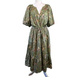 Lane Bryant Dress Womens 16 Plus Green Butterfly Floral Midi Puff Sleeve Cotton
